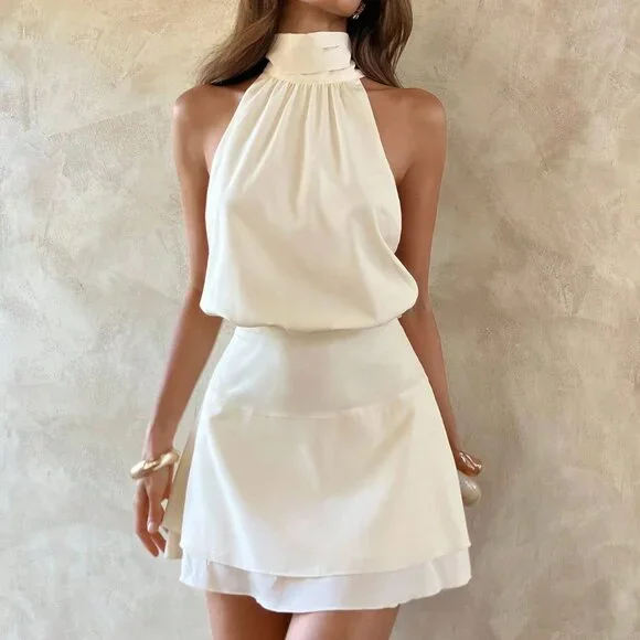 White Elegant Women's Sexy Halter Mini Chiffon Dress - Picture 5 of 8